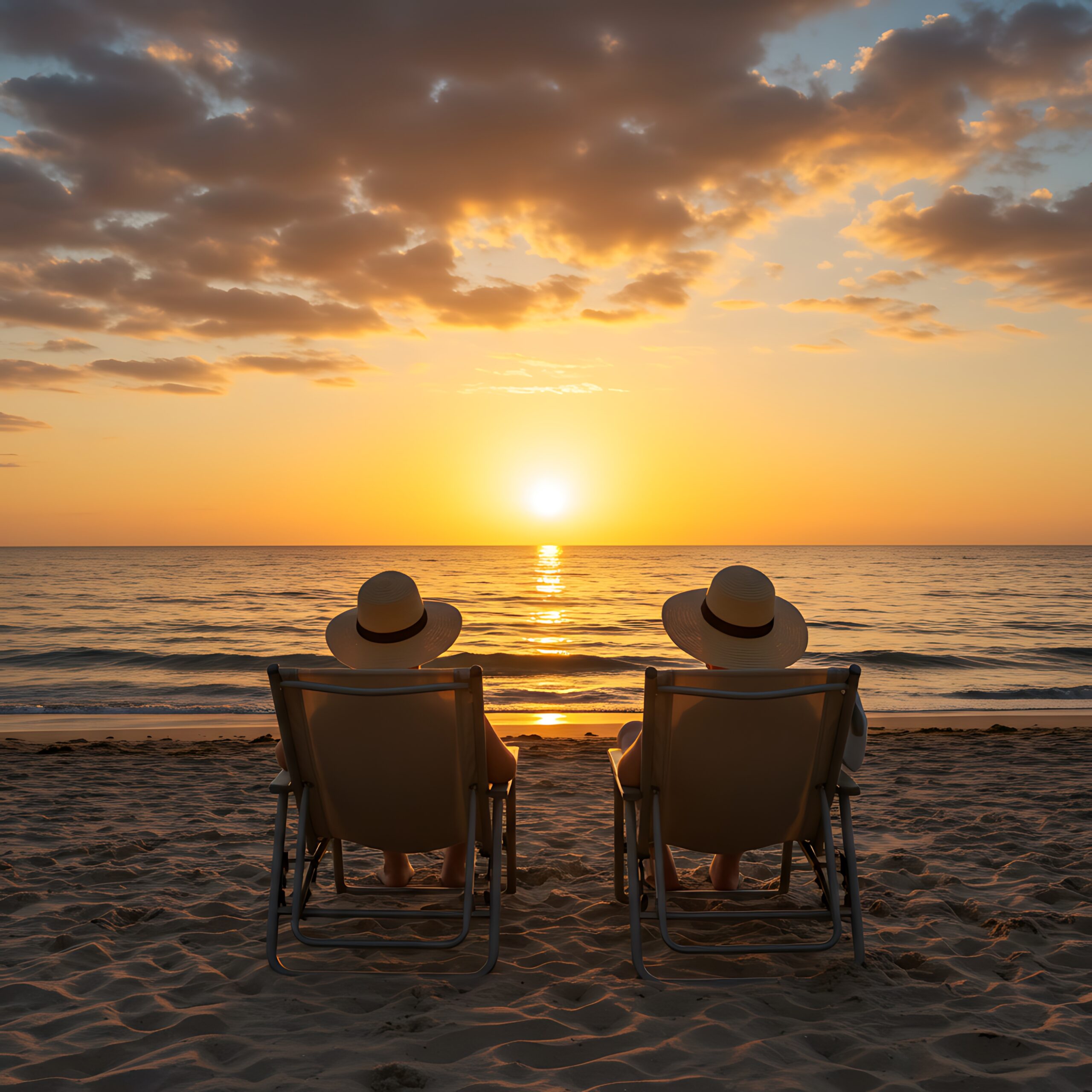 Happy retired couple relaxing on the beach at sunset